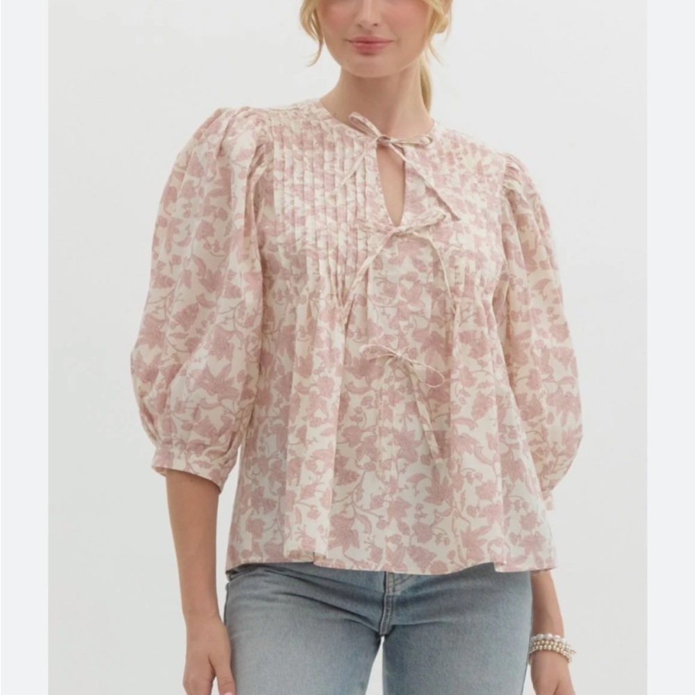 New Pink and White Puff Sleeve Blouse with coquette bow tie details